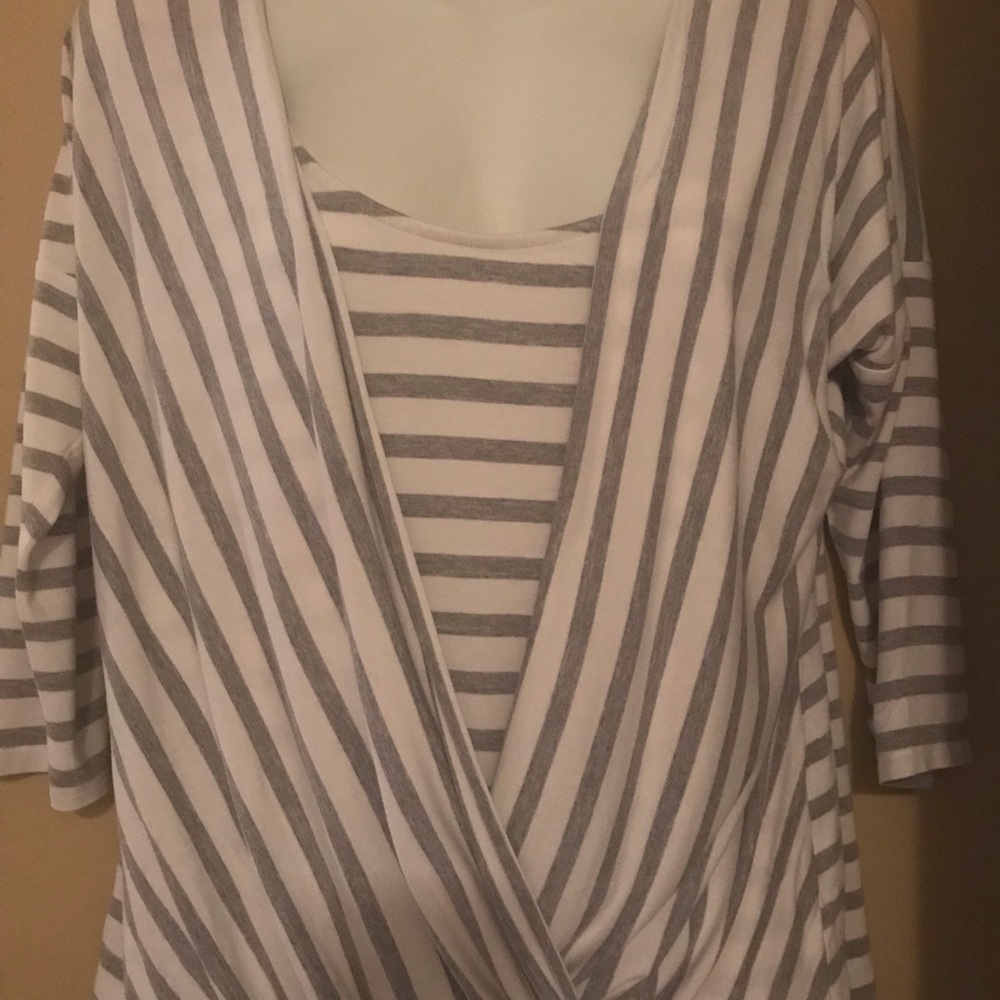 White House Black Market Gray/White Stripe Draped Shirt